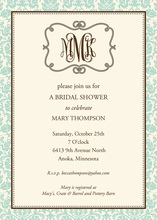Aqua Scroll Bridal Monogram Invitations