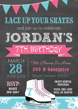 Pink Blue Ice Skates Chalkboard Birthday Invitations
