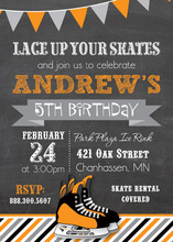 Orange Hockey Skates Chalkboard Birthday Invitations