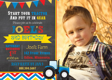 Blue Tractor Chevrons Photo Birthday Invitations