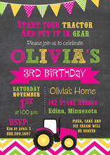 Hot Pink Tractor Chevrons Birthday Invitations