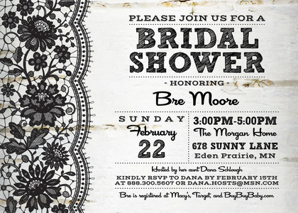 White Lace On Rusty Wood Bridal Shower Invitations