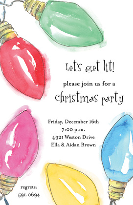 Bright Watercolor Christmas Lights Black Invite