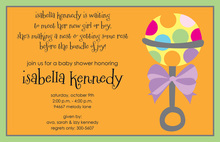 Teal Rattle Stamped Text Baby Shower Invitations