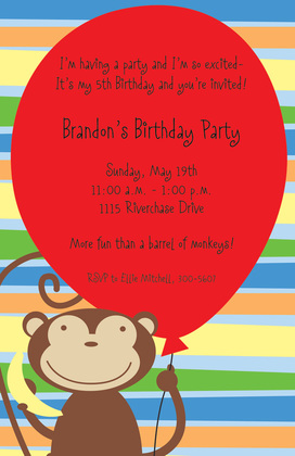 Blue Balloon Monkey Party Invitations