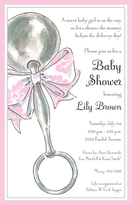 Silver Rattle Blue Bow Baby Shower Invitations