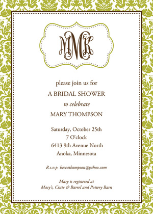 Aqua Scroll Bridal Monogram Invitations
