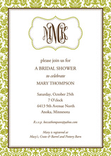 Green Scroll Monogram Bridal Shower Invitations