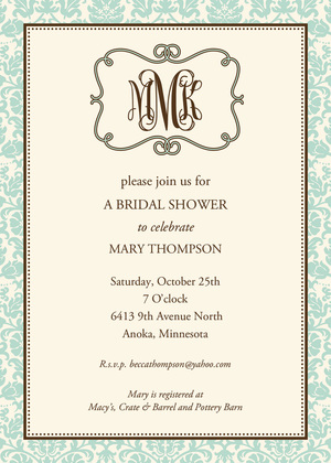 Green Scroll Monogram Bridal Shower Invitations
