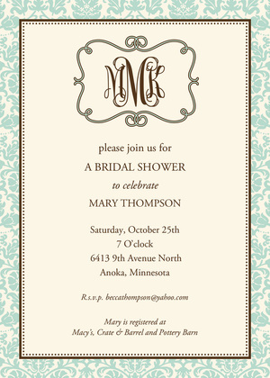 Green Scroll Monogram Bridal Shower Invitations