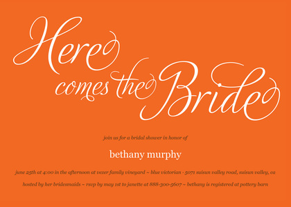 Here Comes The Bride Script Bridal Shower Invitations