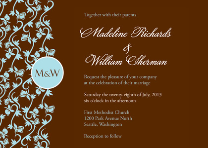 Formal Vines Monogram On Purple Wedding Invitations