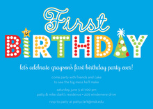 Word First Birthday Blue Invitations