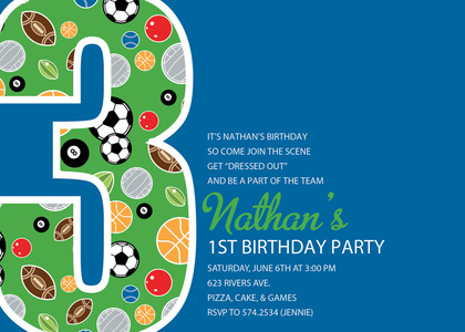 Soccer Number Three Green Birthday Party Invitations