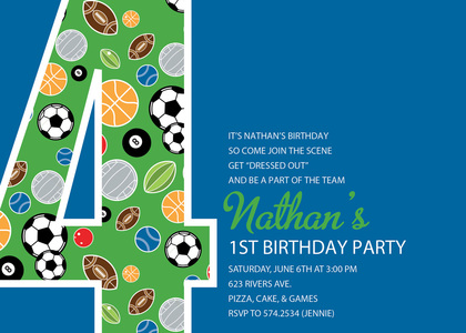 Soccer Number Four Green Birthday Party Invitations