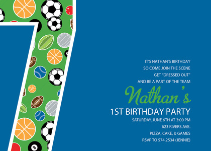 Soccer Number Seven Green Birthday Party Invitations