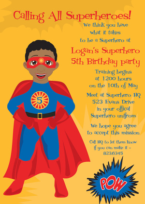 Black Hair American Super Hero Invitations