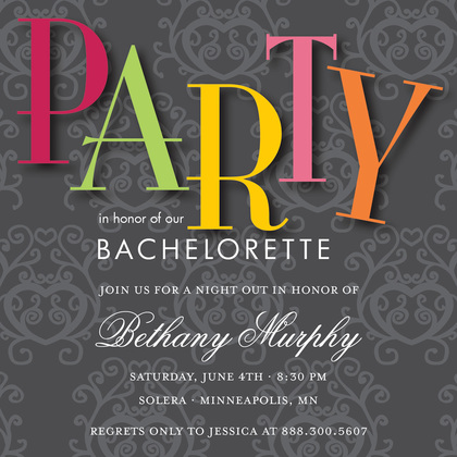 Purple Damask Quirky Bachelorette Party Invitations