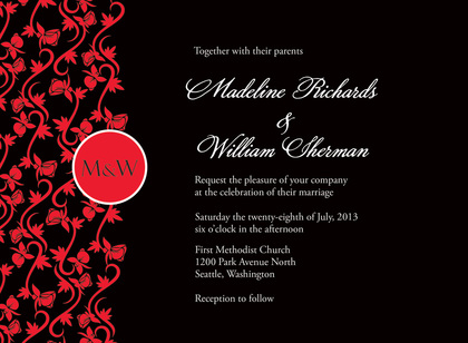 Formal Vines Monogram On Red Wedding Invitations