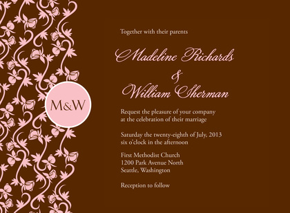 Formal Vines Monogram On Red Wedding Invitations