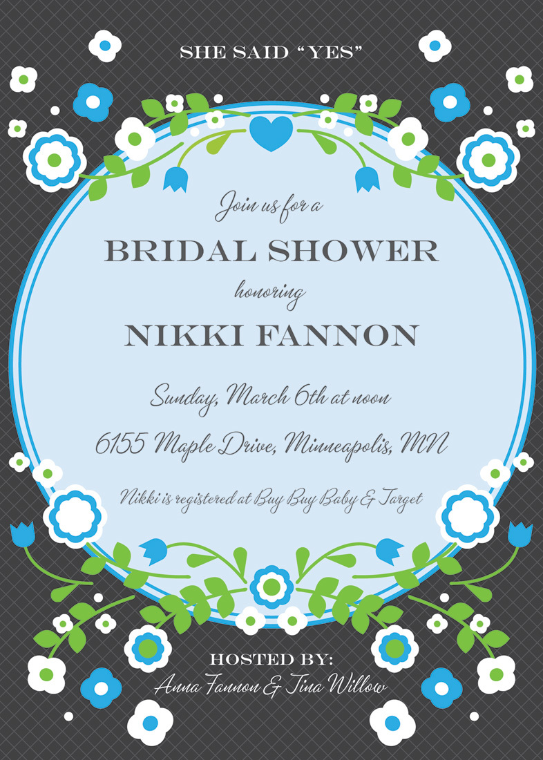 Vintage Blue Floral Frame Accented Bridal Invitations
