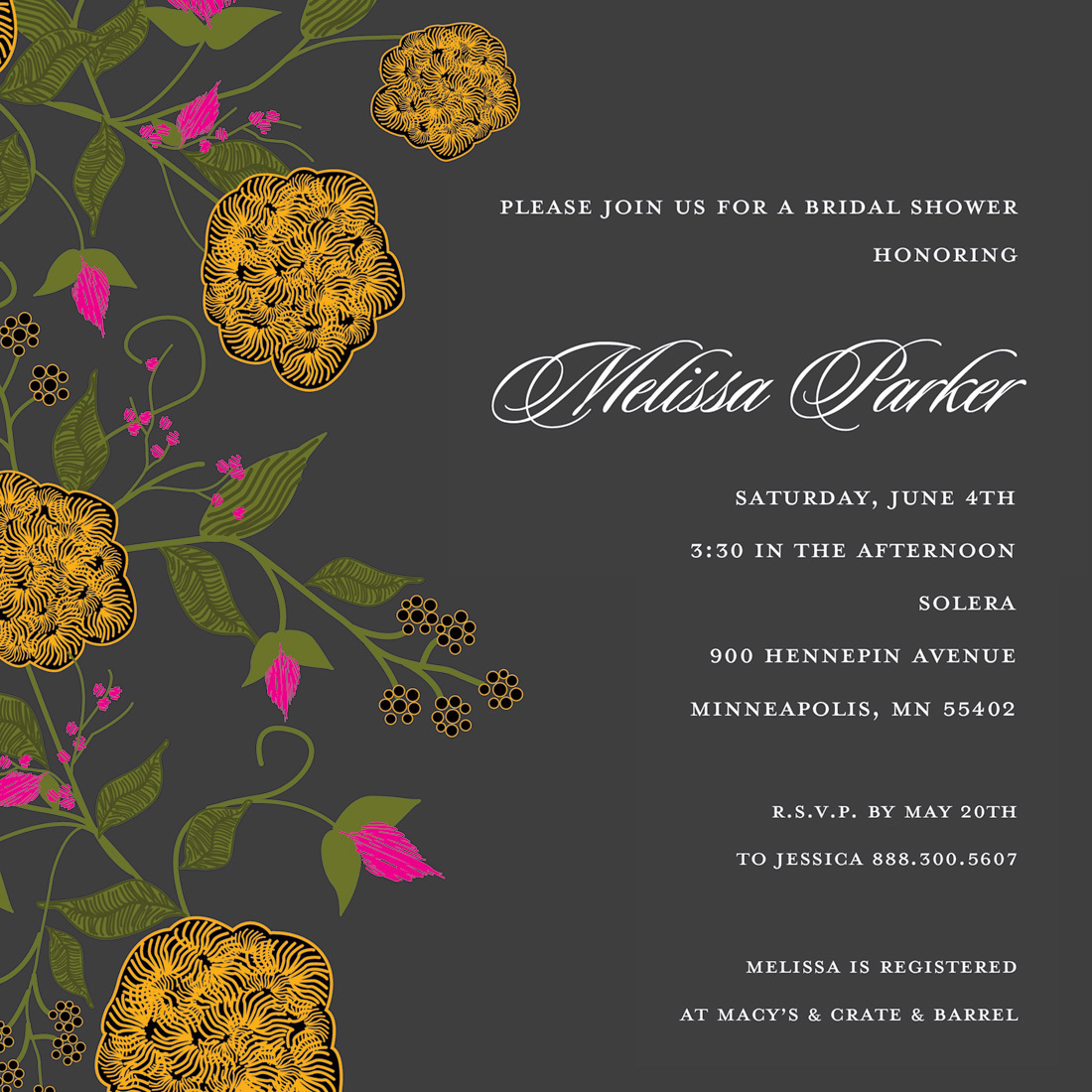Vintage Floral Square Charcoal Bridal Invitations