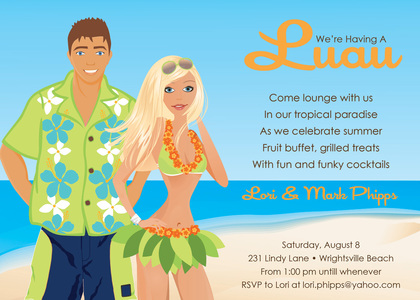 Luau Couple Brunette Beach Background Invitation