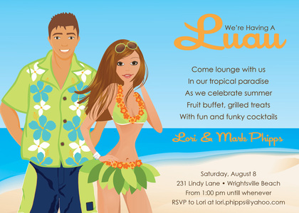 Luau Couple Blonde Beach Background Invitations