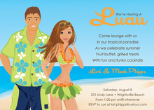 Luau Couple Brunette Beach Background Invitation