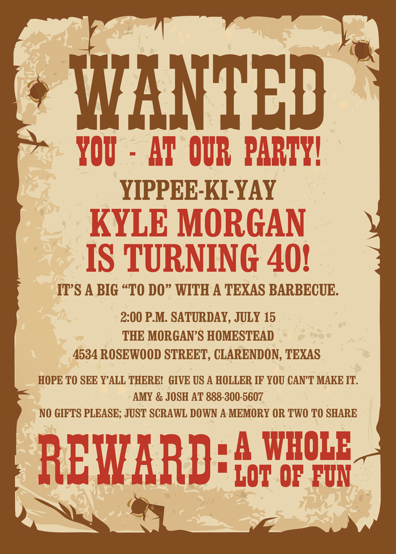 FREE SHIPPING! Wanted Poster Western Theme Birthday Party Invitations 