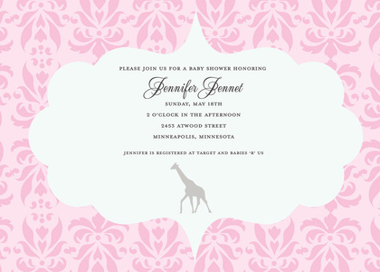 Pink Damask Giraffe Thank You Cards