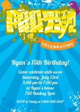 Funky Yellow PARTY In Blue Invitations