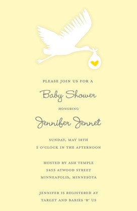 Simple Blue Flying Stork Baby Shower Invitations