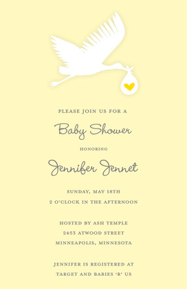 Simple Pink Flying Stork Baby Shower Invitations