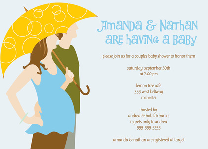 Couple Holding Umbrella Girl Baby Invitations