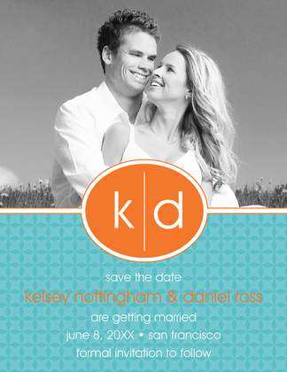 Oval Monogram Turquoise Save The Date Photo Cards