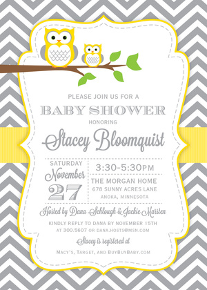 Yellow Owl Chevron Baby Shower Fill-in Invites