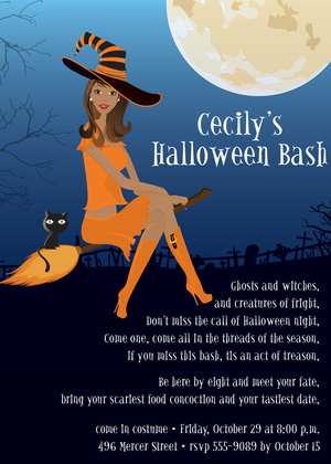 Brunette Halloween Witch Flight Invitation