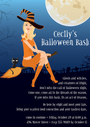 Redhead Halloween Witch Flight Invitation