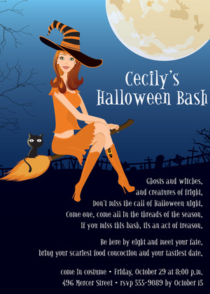 Brunette Halloween Witch Flight Invitation