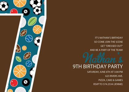 Soccer Number Seven Green Birthday Party Invitations