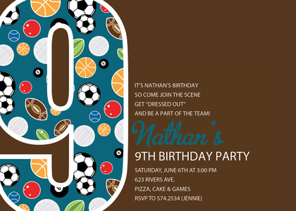 Soccer Number Nine Green Birthday Party Invitations