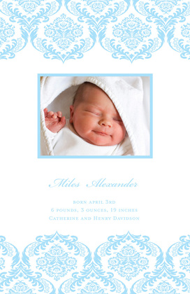 Cocoa-Blue Damask Photo Birth Announcements