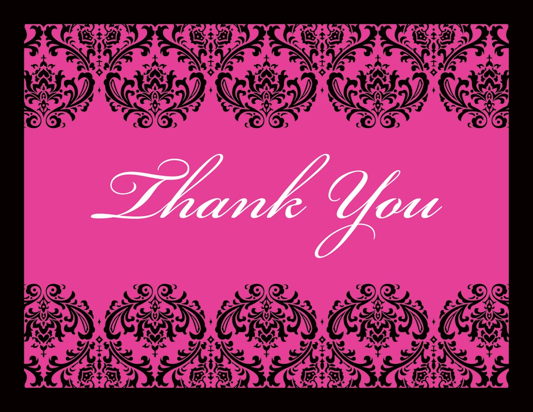 Black Damask on Hot Pink Thank You Cards