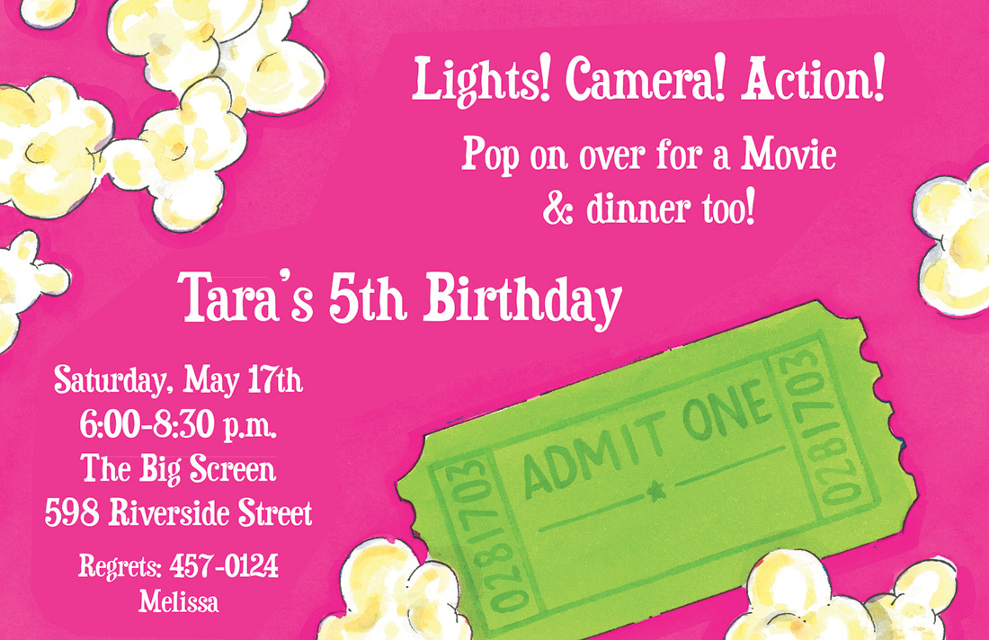 Movie and Dinner Green Ticket Pink Invitations