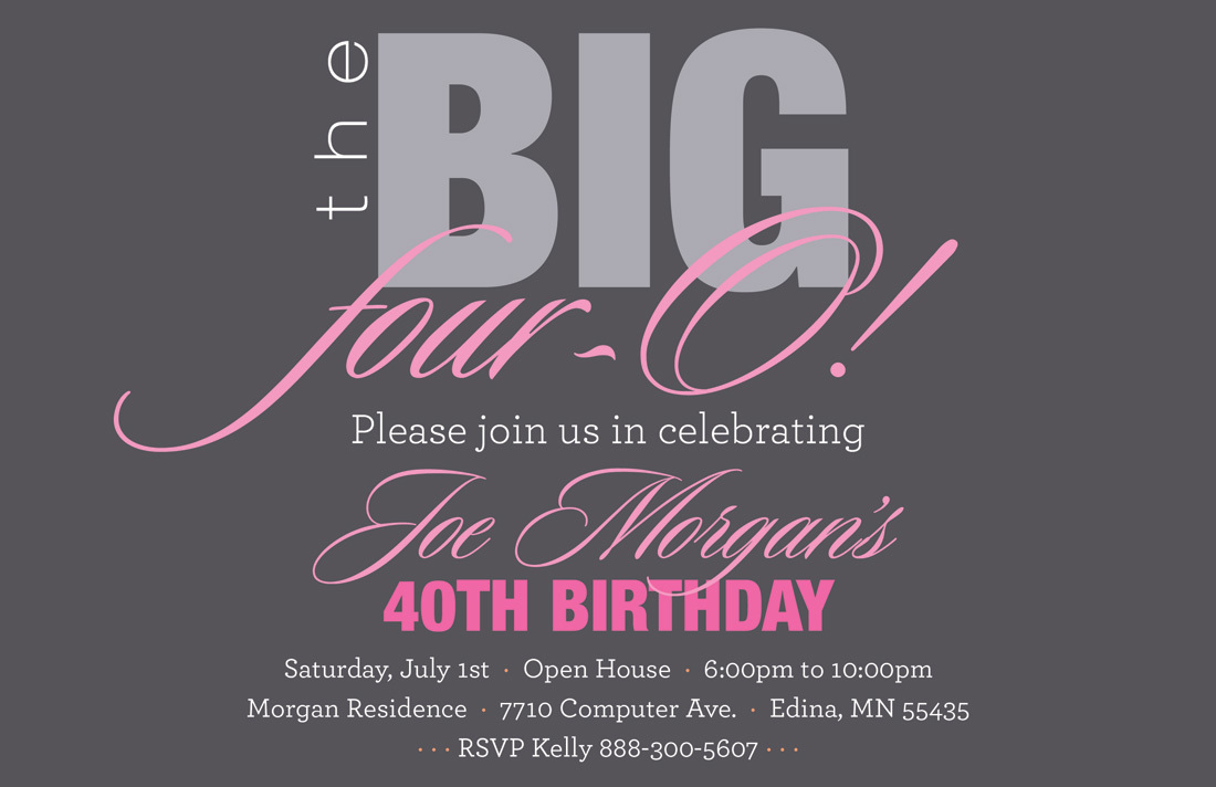 BIG Four-O Trendy Pink Birthday Invitations