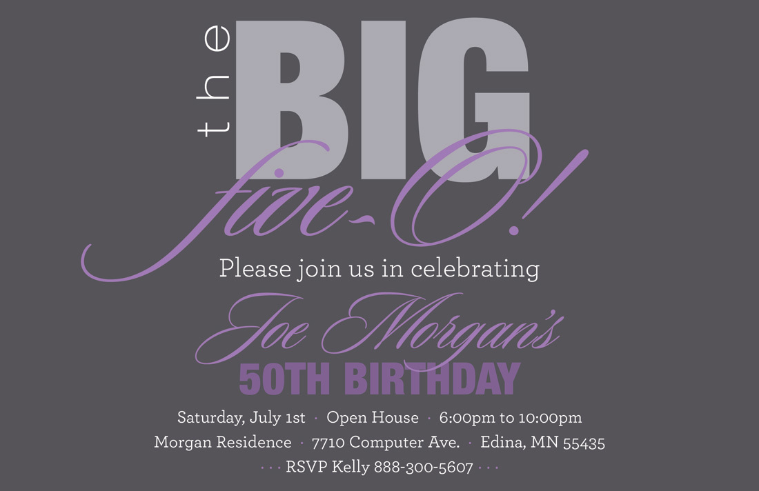 BIG Five-O Classy Lavender Birthday Invitations