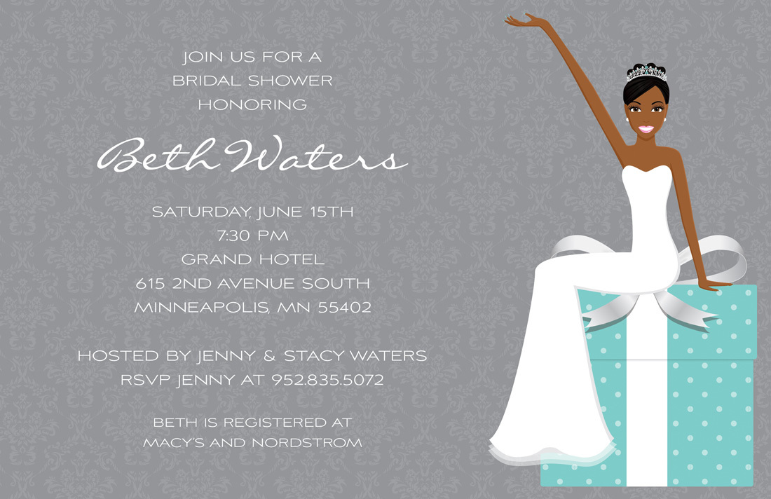 Slim African American Bride Blue Gift Bridal Invites