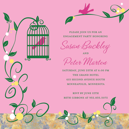 Modern Bird Cage Among Vines Purple Square Invites