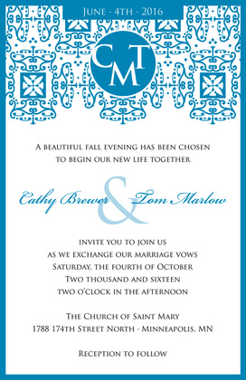 Wrought Pattern Teal Monogram Wedding Invitations